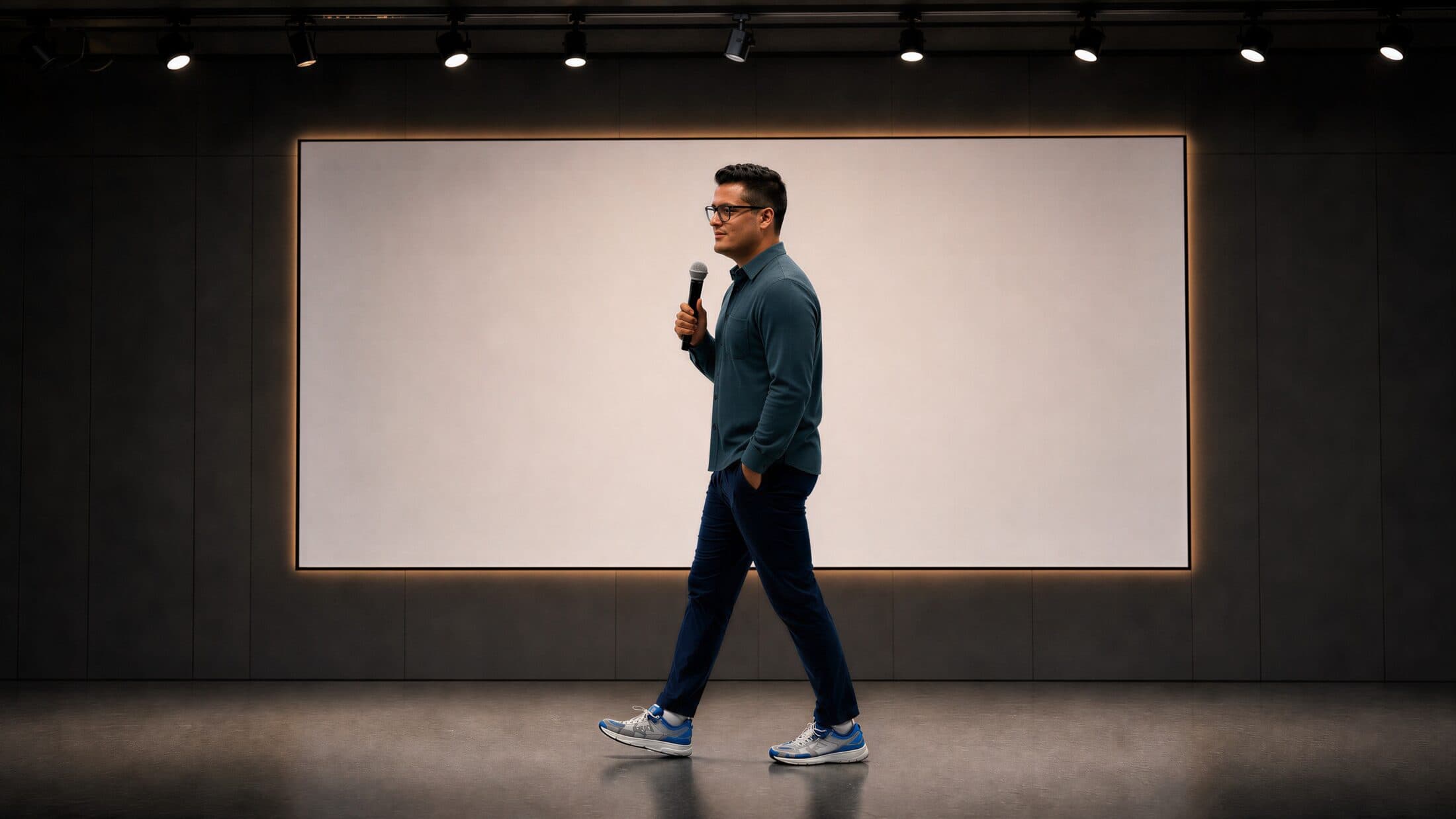 Nik Vassev walking across a stage with a microphone, a glowing screen behind him.