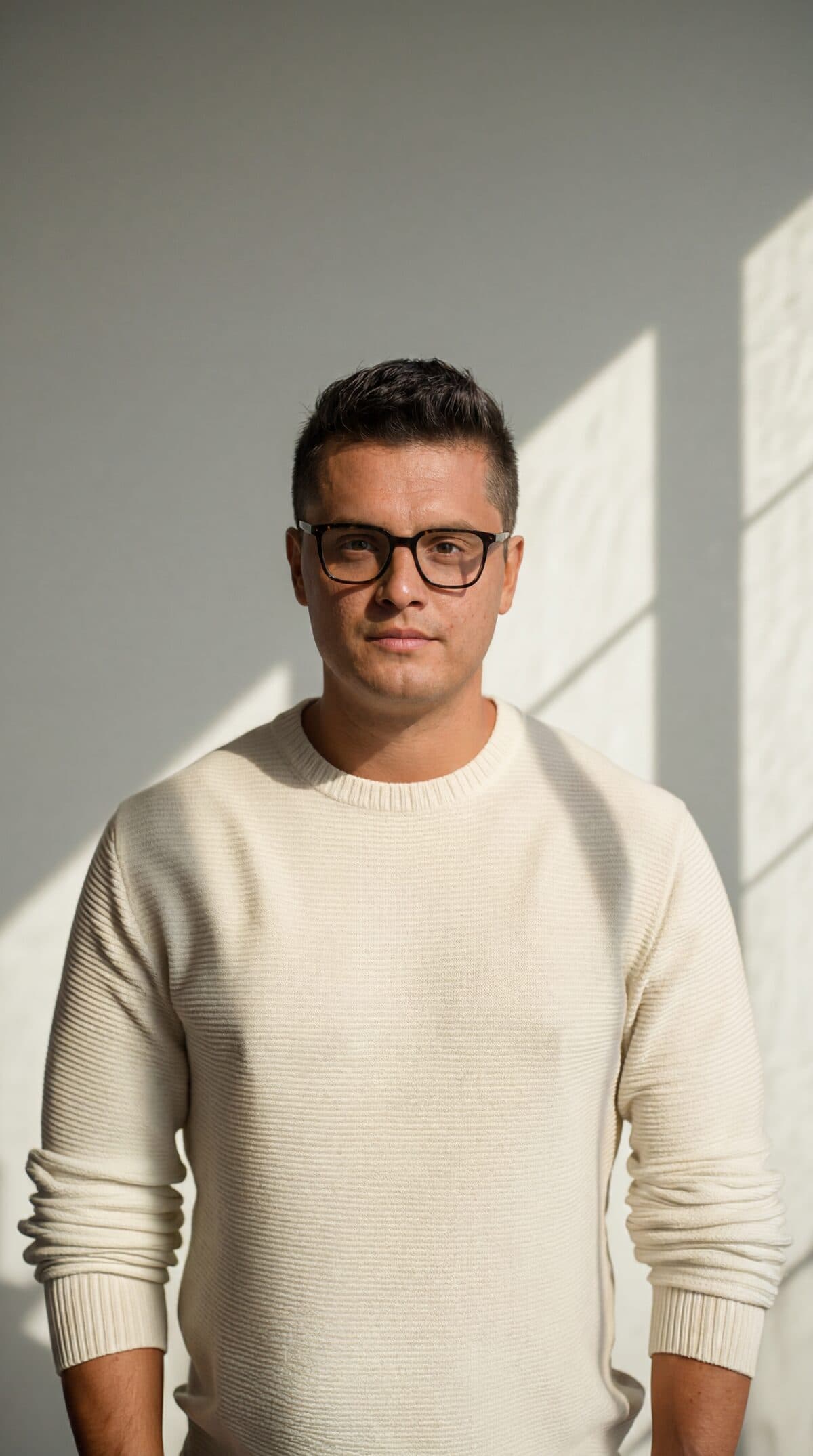 Nik Vassev in a cream sweater, looking at the camera against a sunlit studio wall.
